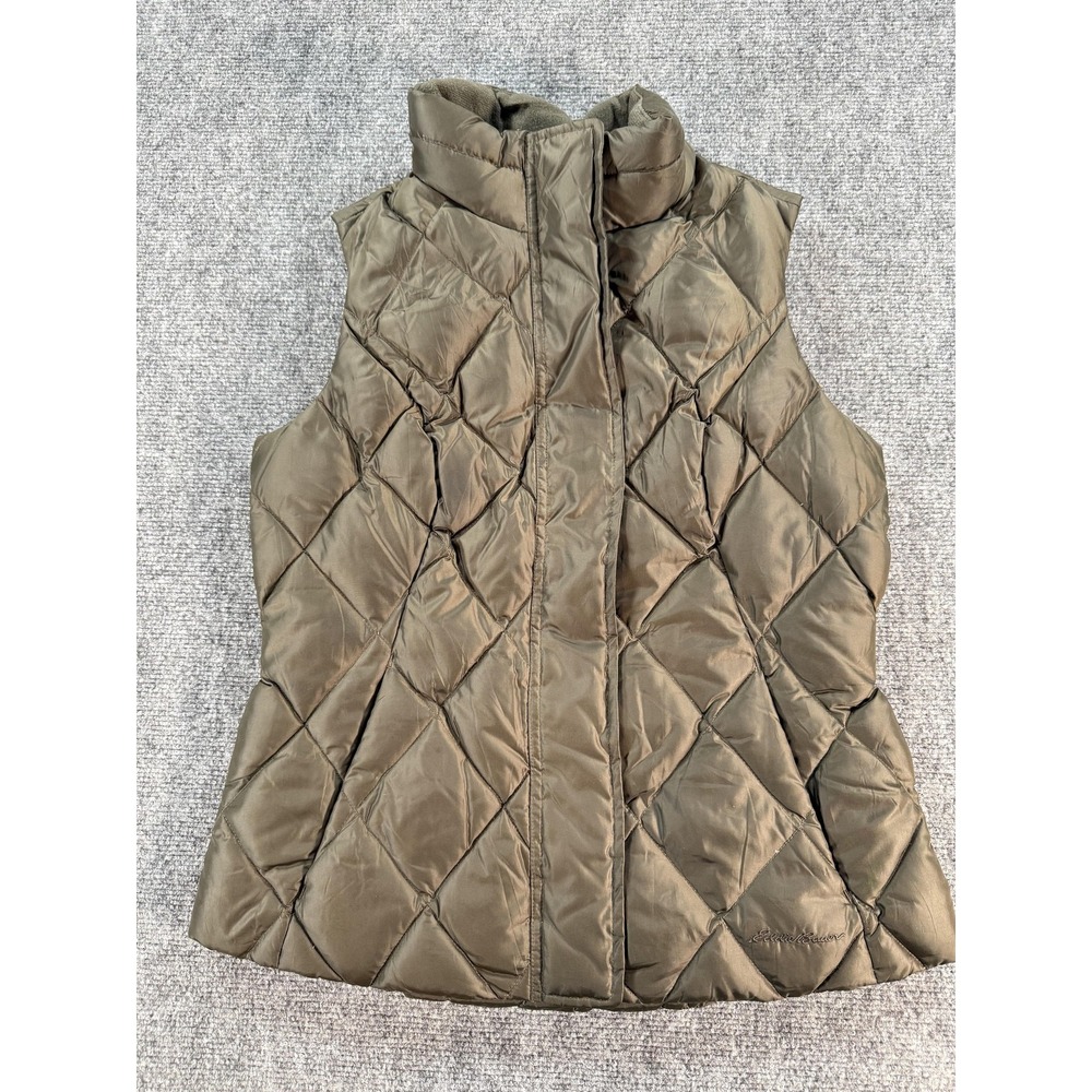 Eddie Bauer Vest Womens Medium Green Goose Down Quilted Puffer Zip‎ Sleeveless